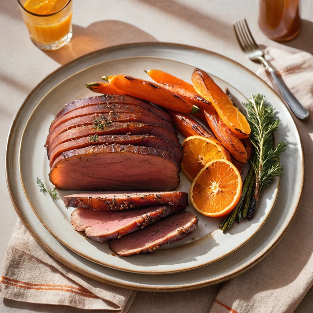 Glazed ham on a platter with roasted carrots on the side, vibrant orange hues against the golden brown ham.