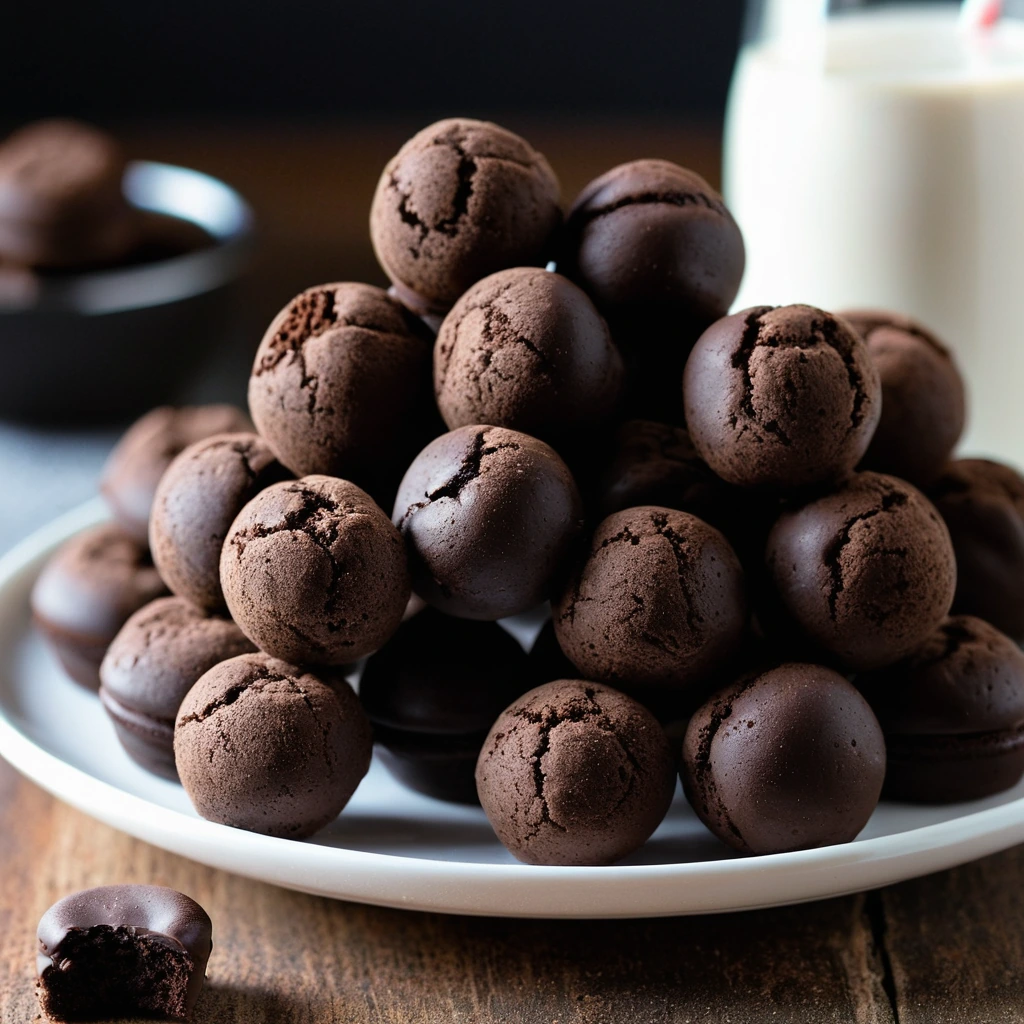 Dark chocolate truffle bites dusted with cocoa powder on a dessert plate
