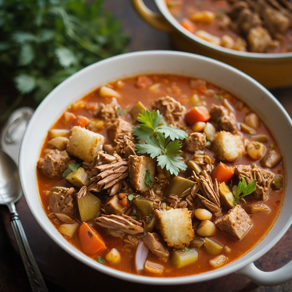 Steaming bowl of golden-brown stew with chunks of chicken, sausage, and vegetables, topped with fresh herbs.