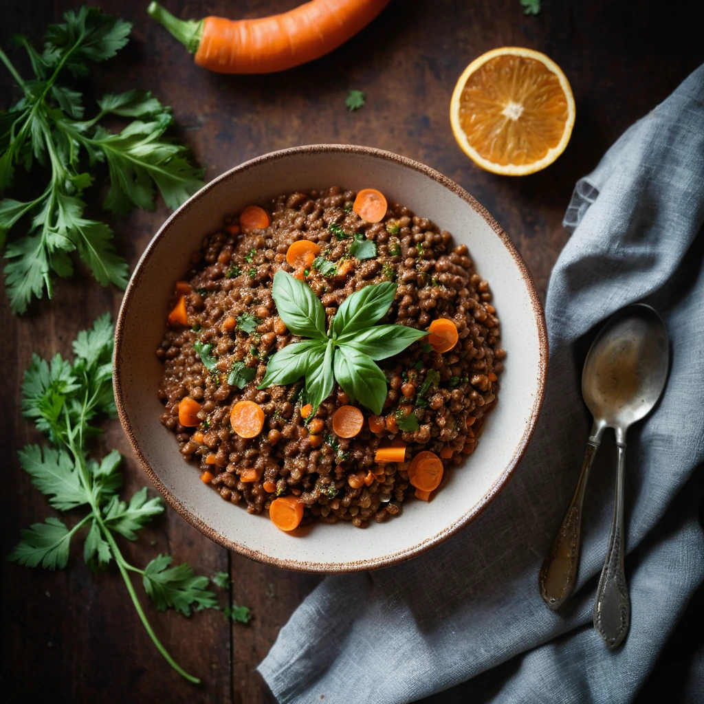 Rich, brown bolognese sauce with orange carrot flecks in a rustic bowl, sprinkled with fresh parsley.