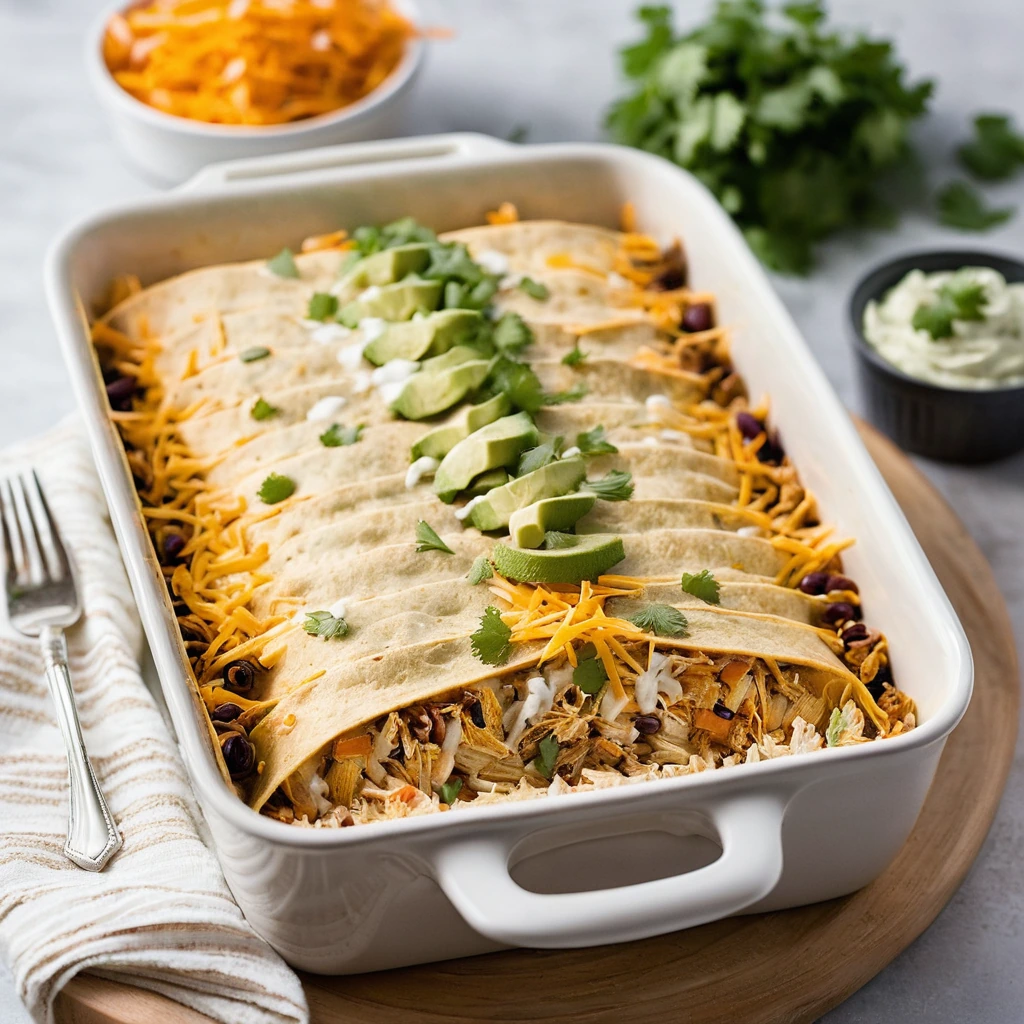 Golden casserole dish filled with layers of shredded chicken, cheese, beans, and tortillas, topped with melted cheddar.