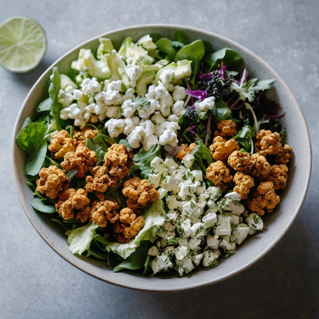 Colorful salad bowl with roasted cauliflower florets, greens, and a creamy drizzle.