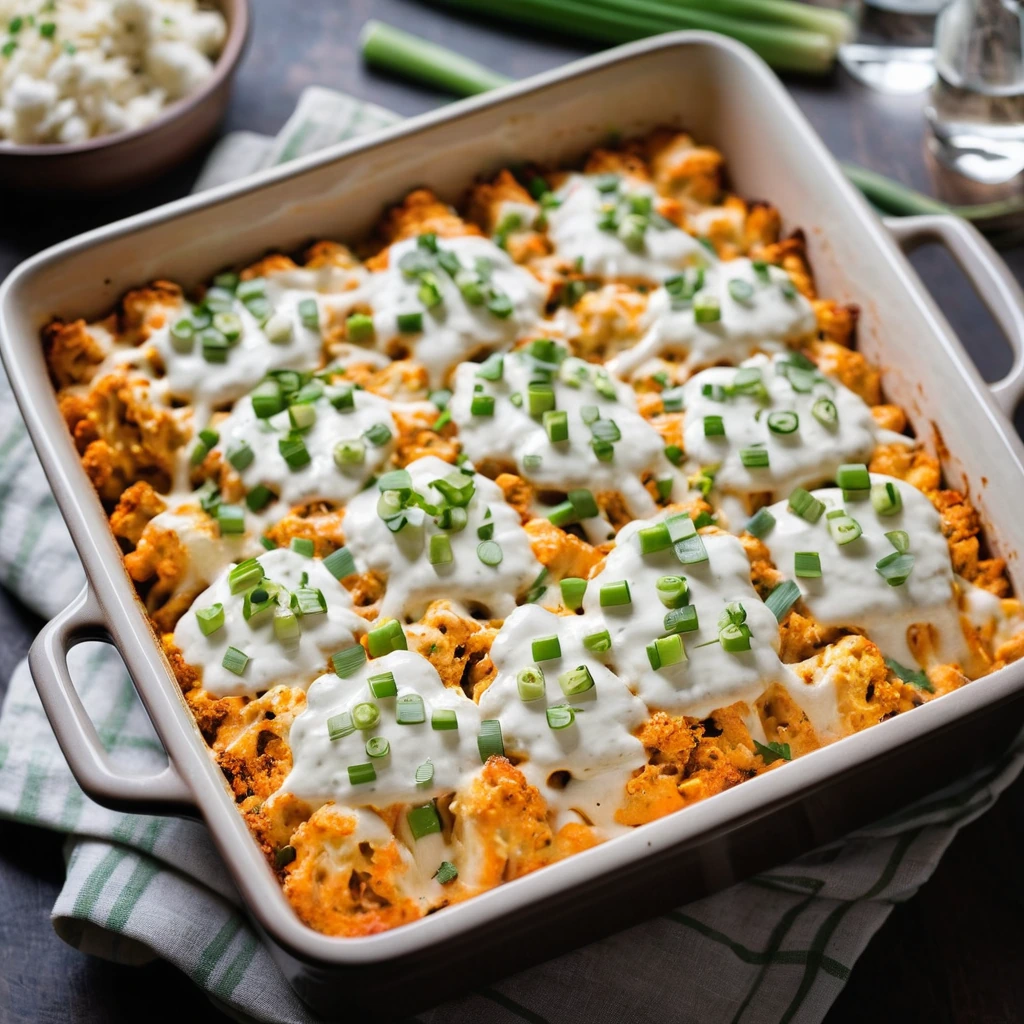 golden-brown casserole in a baking dish topped with melted cheese and flecks of green scallions