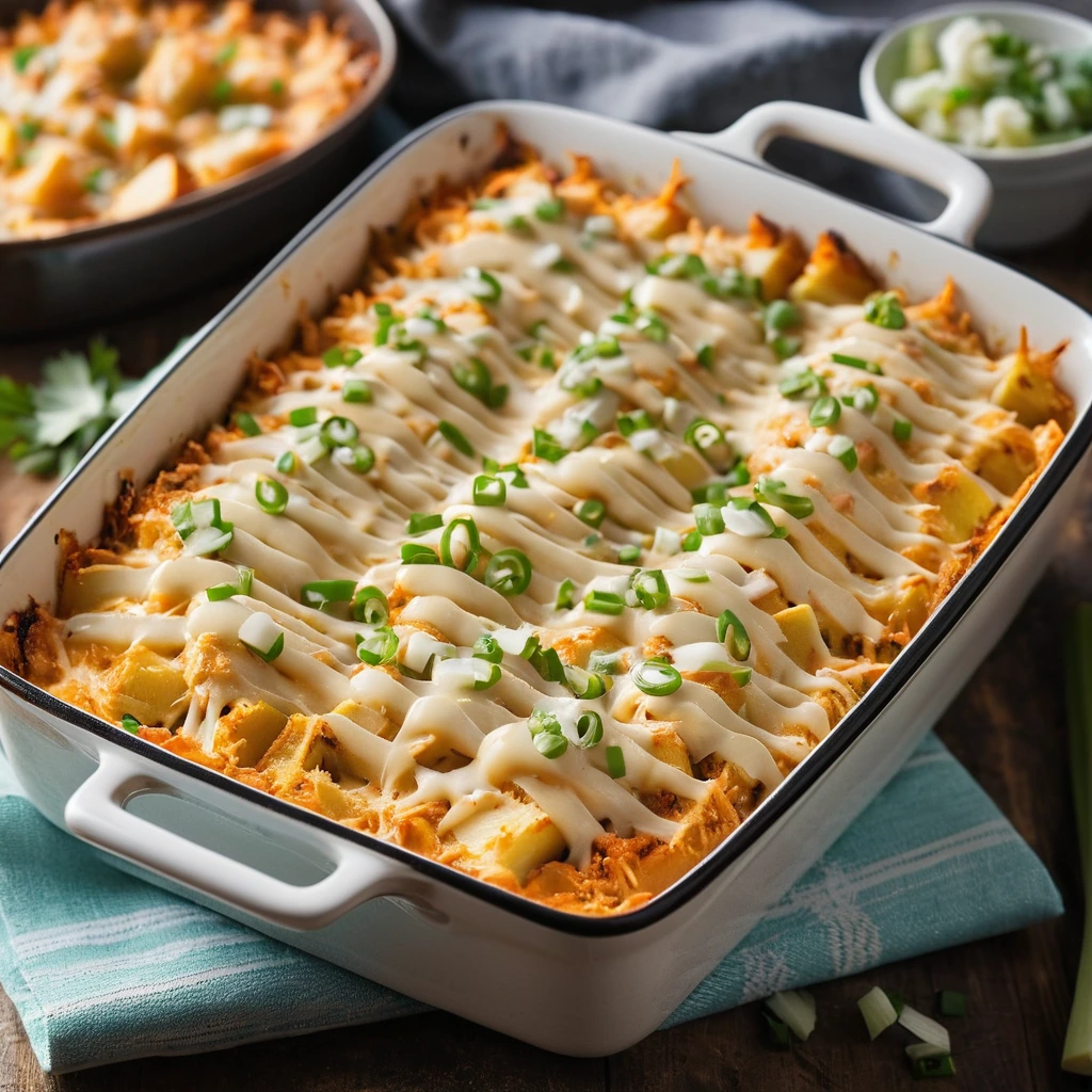 A golden bubbly casserole in a baking dish with shredded chicken and diced potatoes topped with melted cheese and green onions.