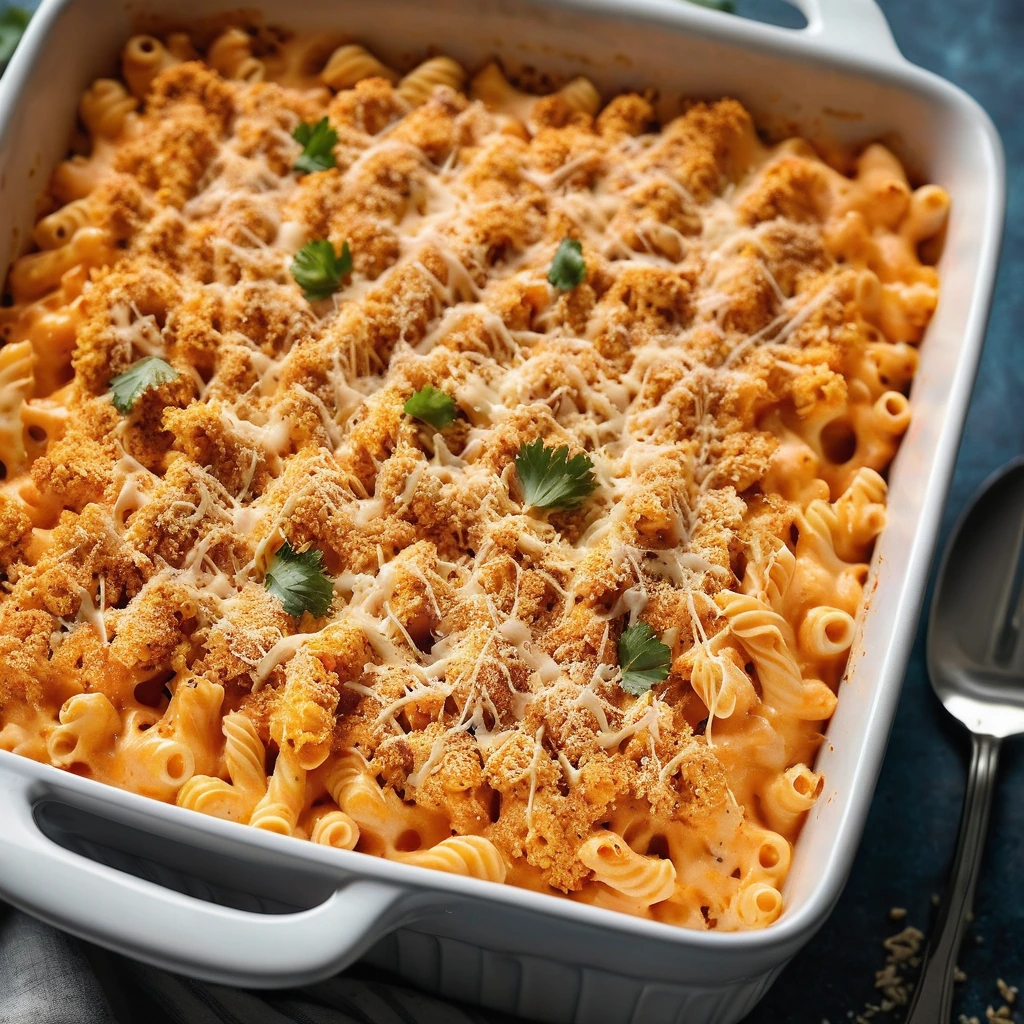 A bubbling casserole dish of orange and white mac and cheese topped with crispy breadcrumbs.