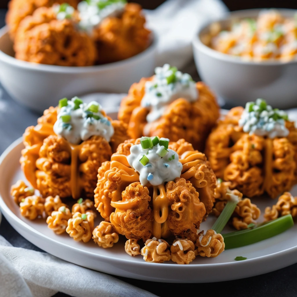 golden brown fried balls with a drizzle of blue cheese dressing and a sprinkle of green onions on a plate