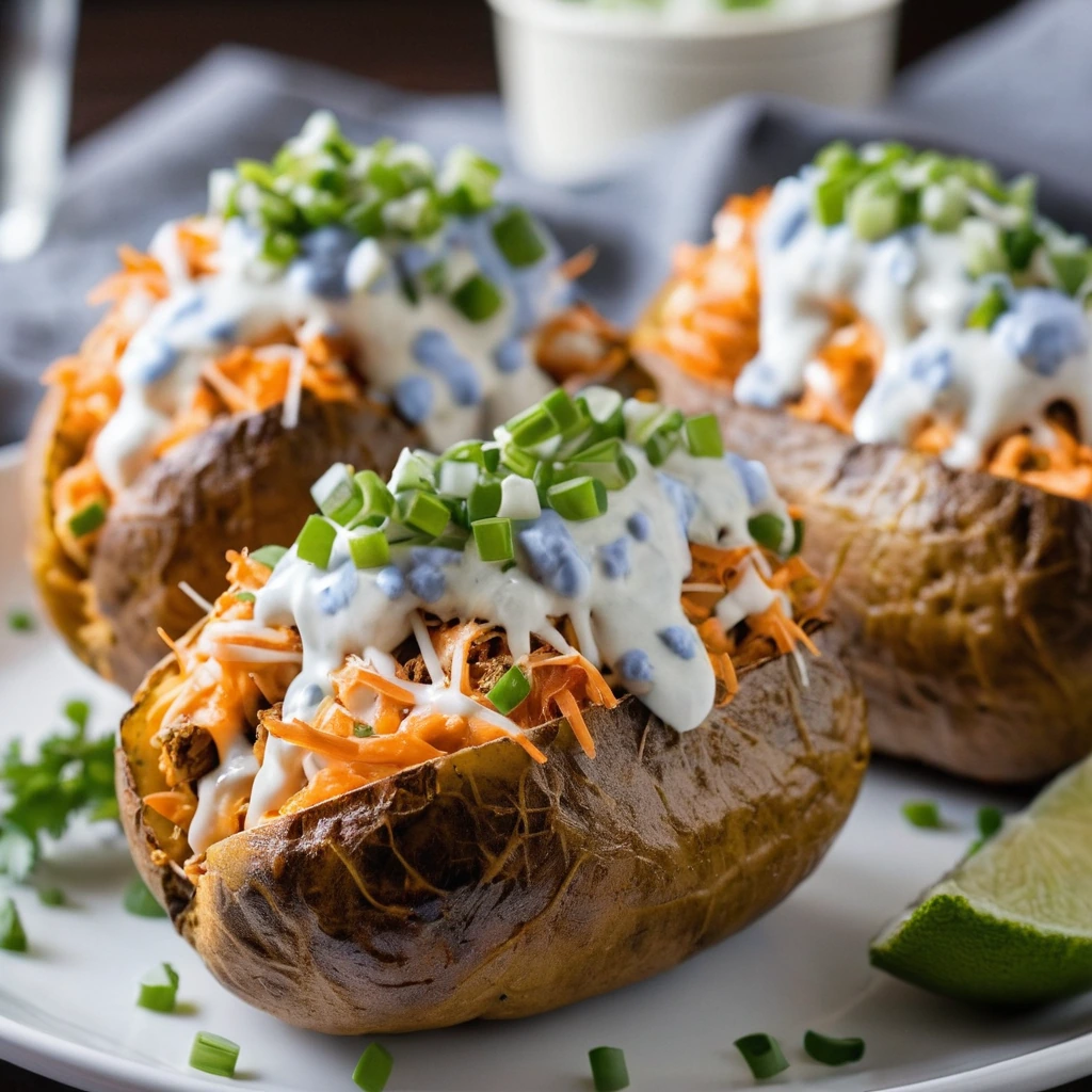 Four split baked potatoes filled with shredded chicken, cheese, and drizzled with sauce, garnished with green onions and a dollop of blue cheese dressing.