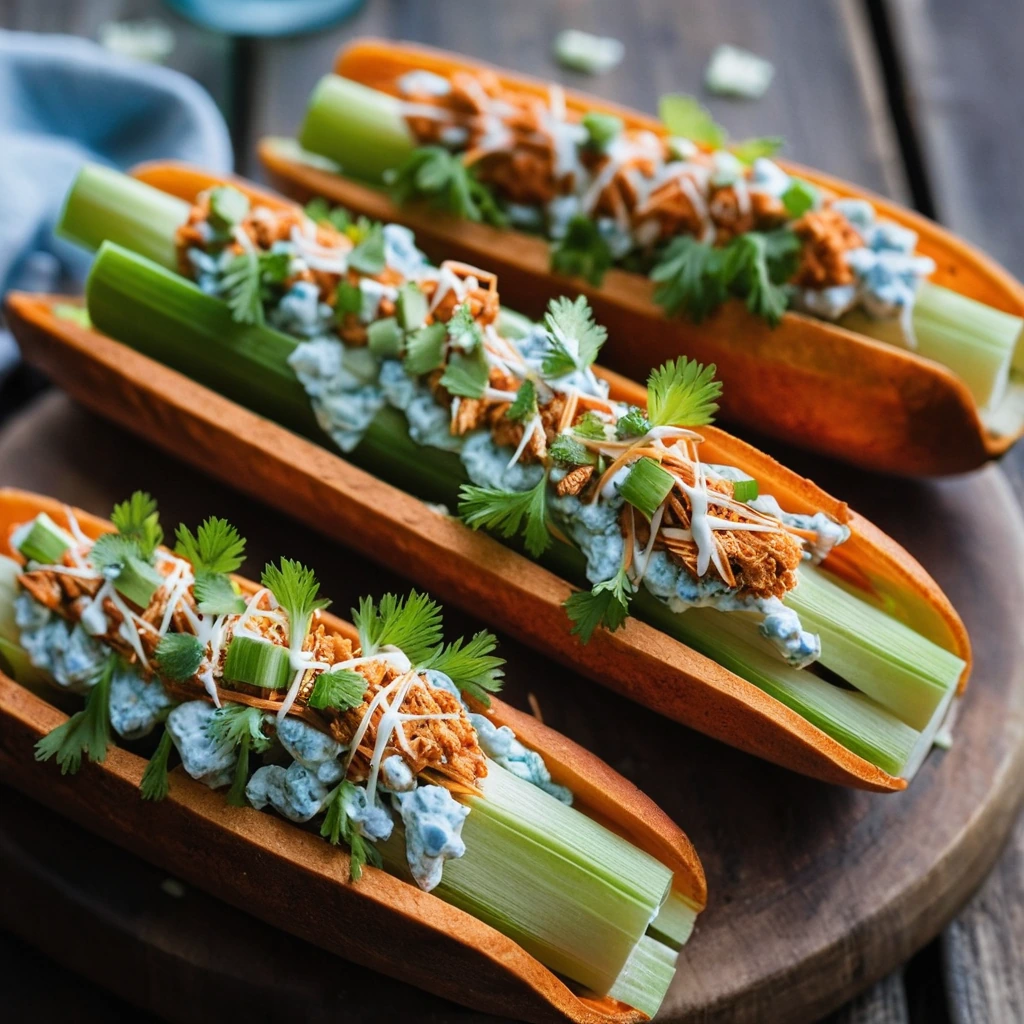Celery stalks filled with shredded buffalo chicken, topped with melted cheese and a drizzle of blue cheese dressing, arranged on a rustic wooden board.