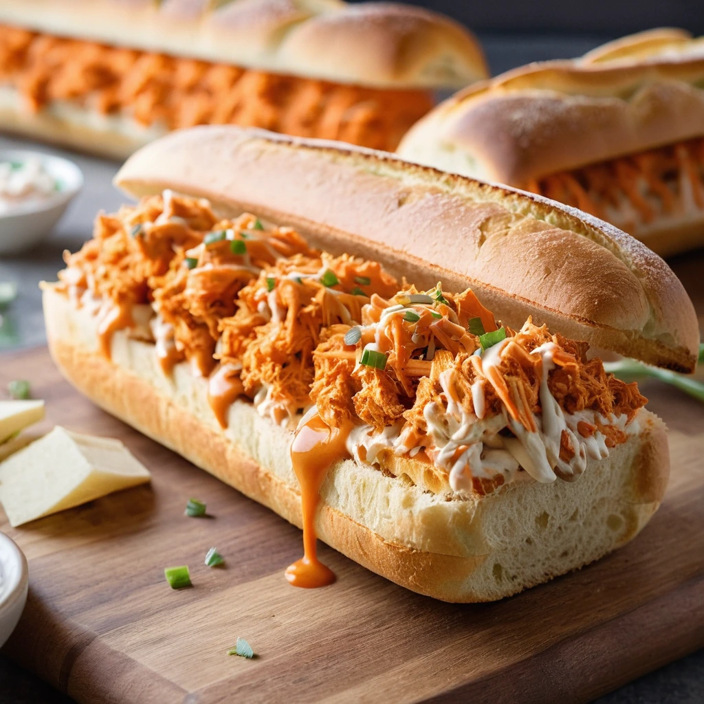 A sliced baguette overflowing with shredded chicken, melted cheddar, and a drizzle of buffalo sauce.