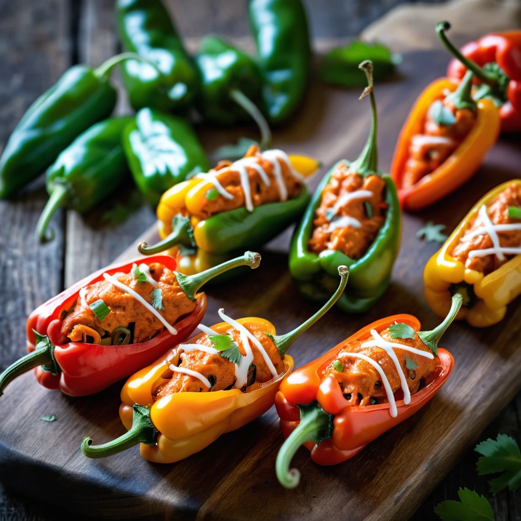 Mini peppers stuffed with shredded buffalo chicken and cheese, arranged on a rustic wooden board.
