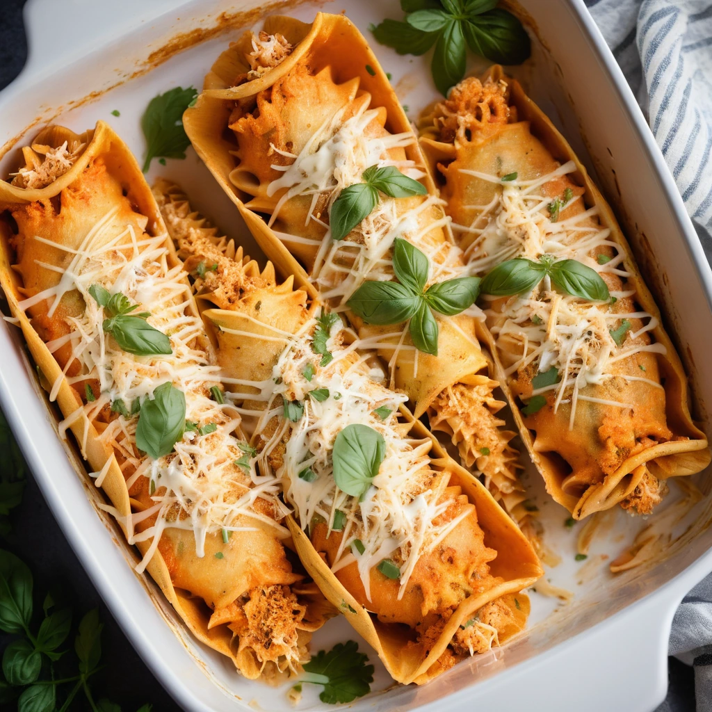 Baked pasta shells filled with buffalo chicken, covered in melted cheese and breadcrumbs in a 9x13 inch baking dish.