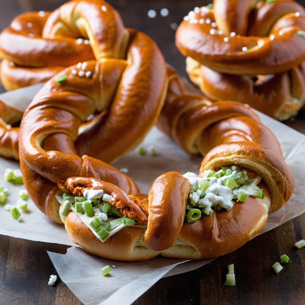 Golden brown pretzels split open revealing melted cheese and shredded buffalo chicken, sprinkled with celery salt.