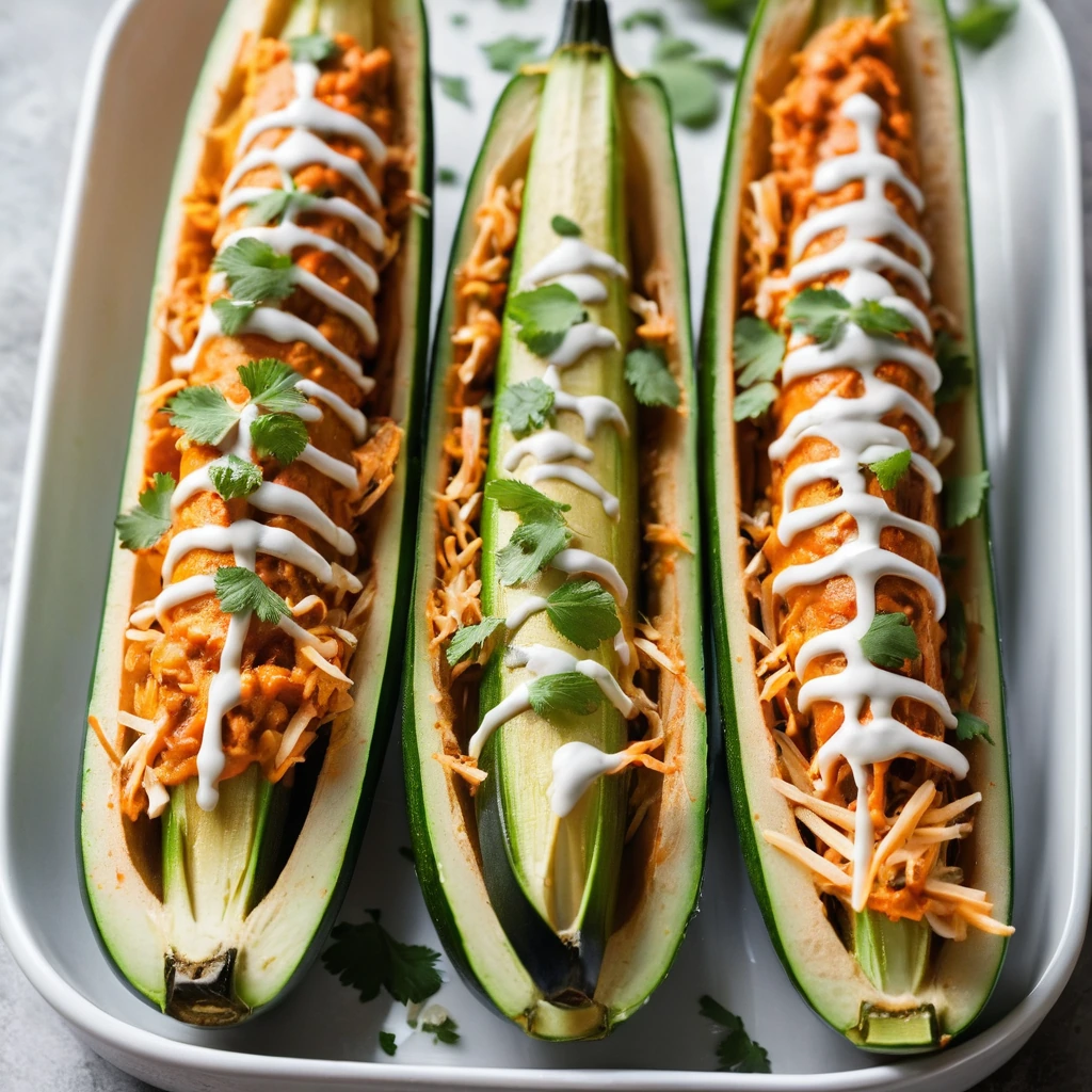 Roasted zucchini halves filled with shredded chicken, buffalo sauce, and melted cheddar cheese, arranged on a serving platter.