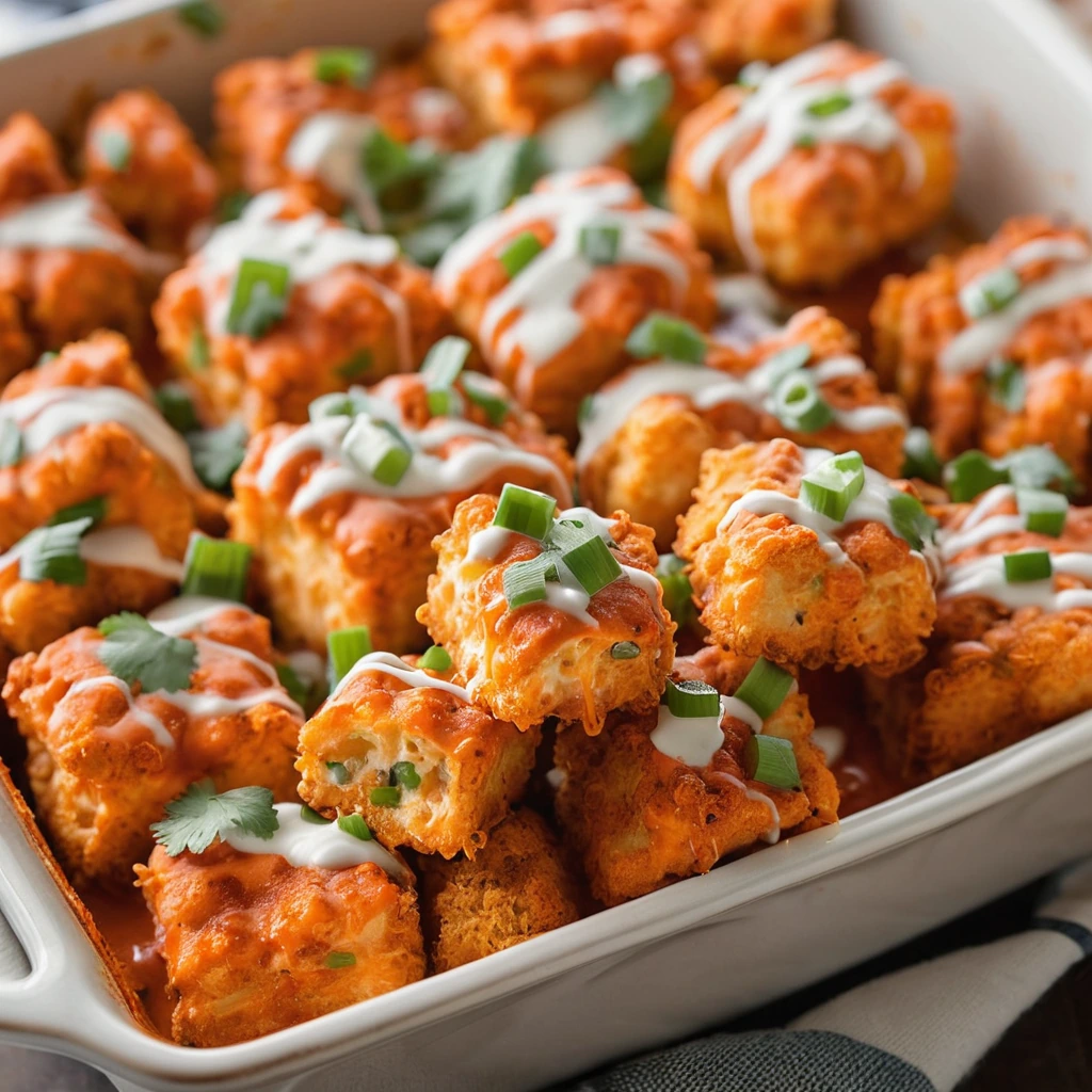 Golden tater tots with melted cheese and buffalo chicken sauce bubbling in a baking dish, sprinkled with green onions.