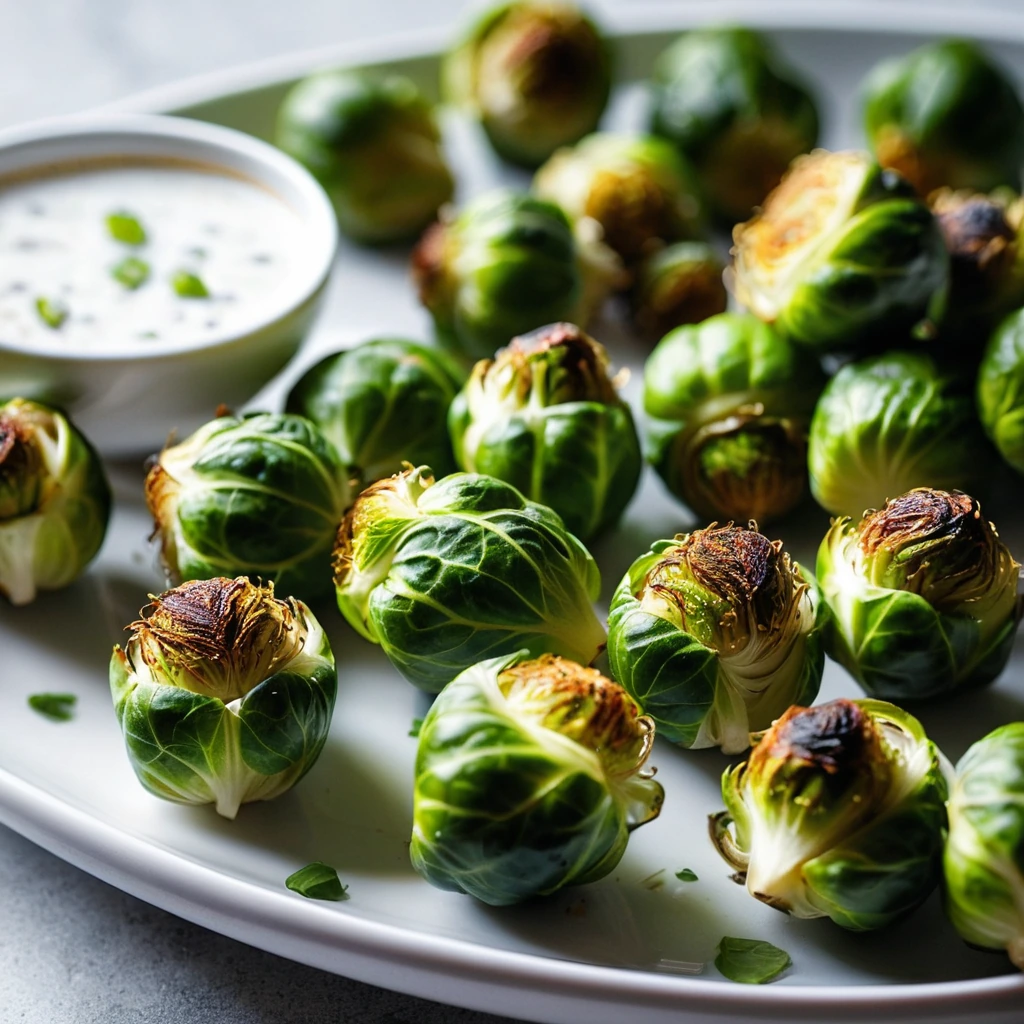 Golden brown Brussels sprouts bites arranged on a platter with a drizzle of white ranch dressing.