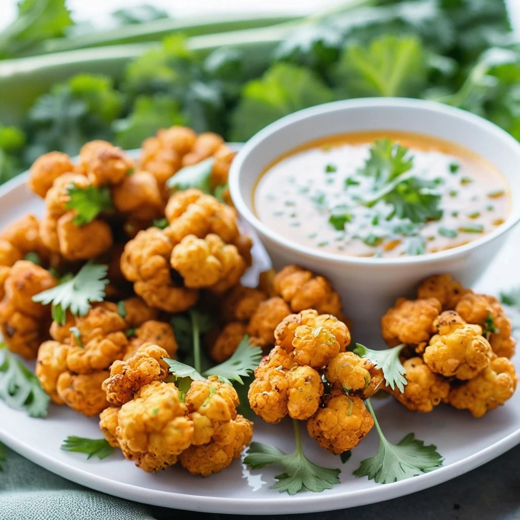 Golden cauliflower bites on a white plate with green ranch drizzle and a sprinkle of parsley.