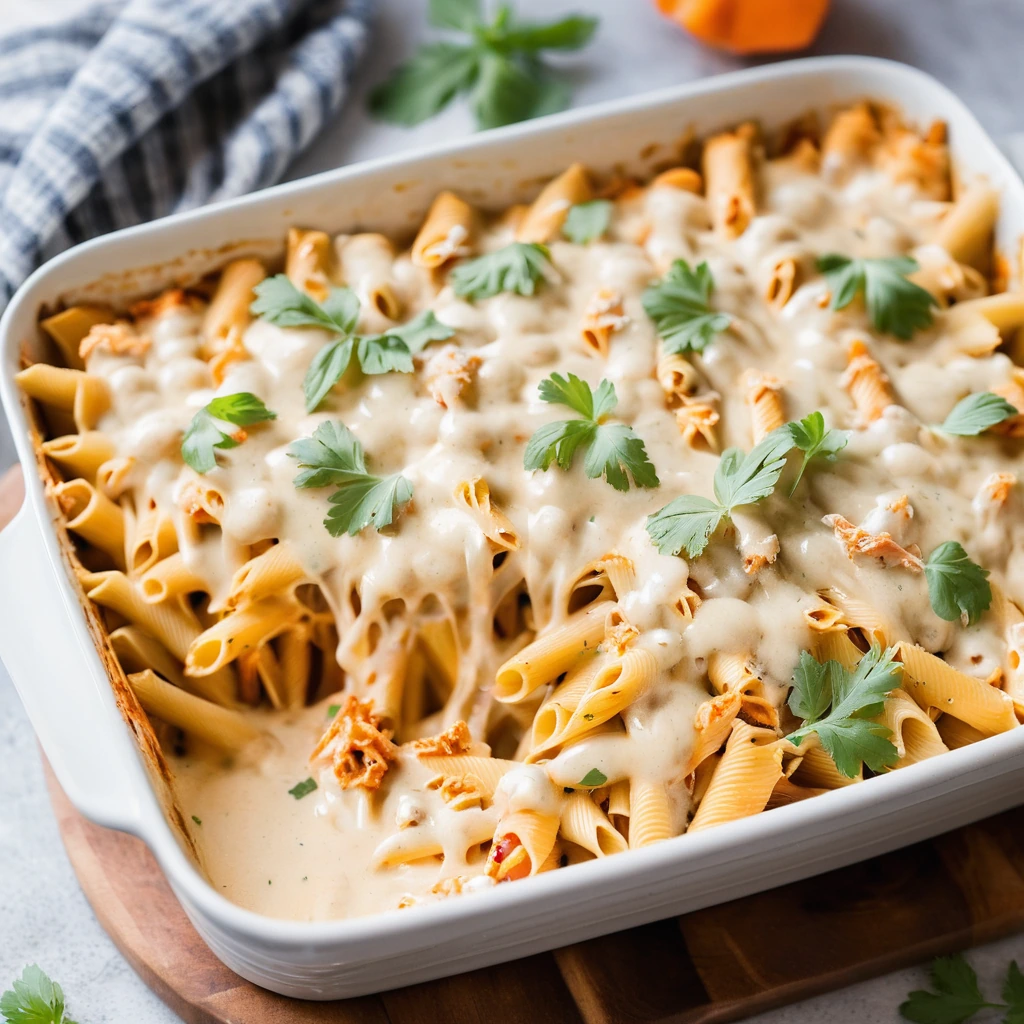Golden casserole with creamy sauce and shredded chicken, topped with melted cheddar, served in a baking dish.
