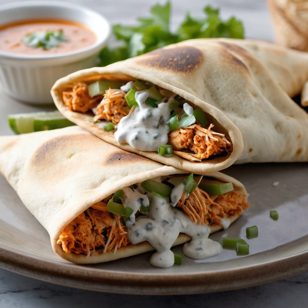 Golden pita pockets stuffed with shredded buffalo chicken and sprinkled with green onions, drizzled with white ranch sauce.