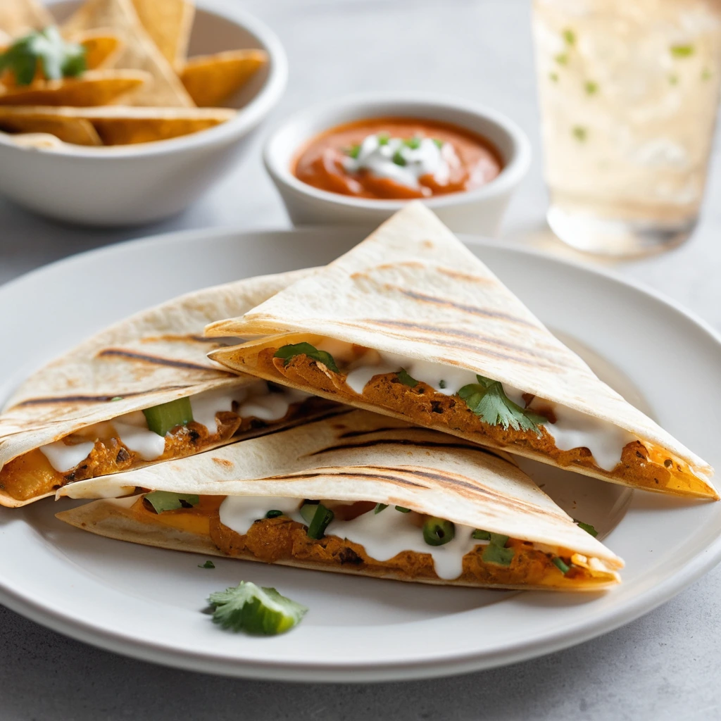 Golden quesadilla wedges with melted cheese and a drizzle of ranch dressing on a white plate.