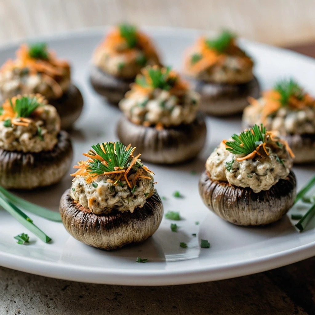 Plate of golden mushroom caps filled with a creamy, orange-tinged buffalo ranch mixture, garnished with fresh chives.