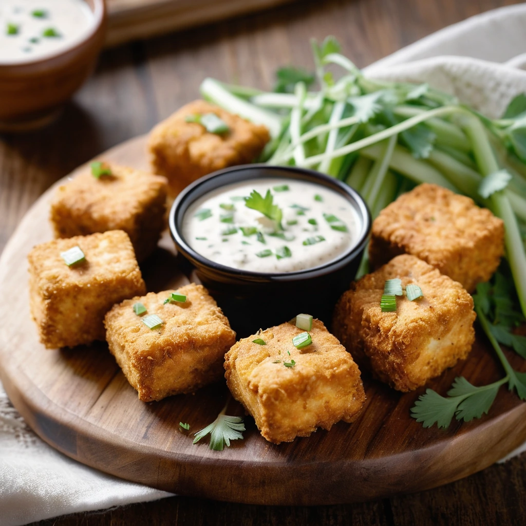 Golden brown tofu nuggets drizzled with creamy ranch, nestled on a rustic wooden board with fresh green chives.