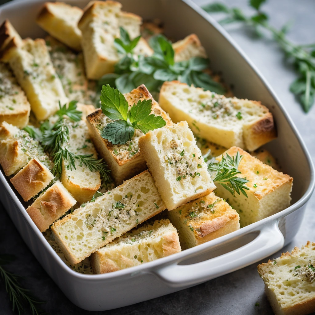 A baking dish filled with golden chicken breasts topped with crispy golden garlic bread croutons and fresh herbs.