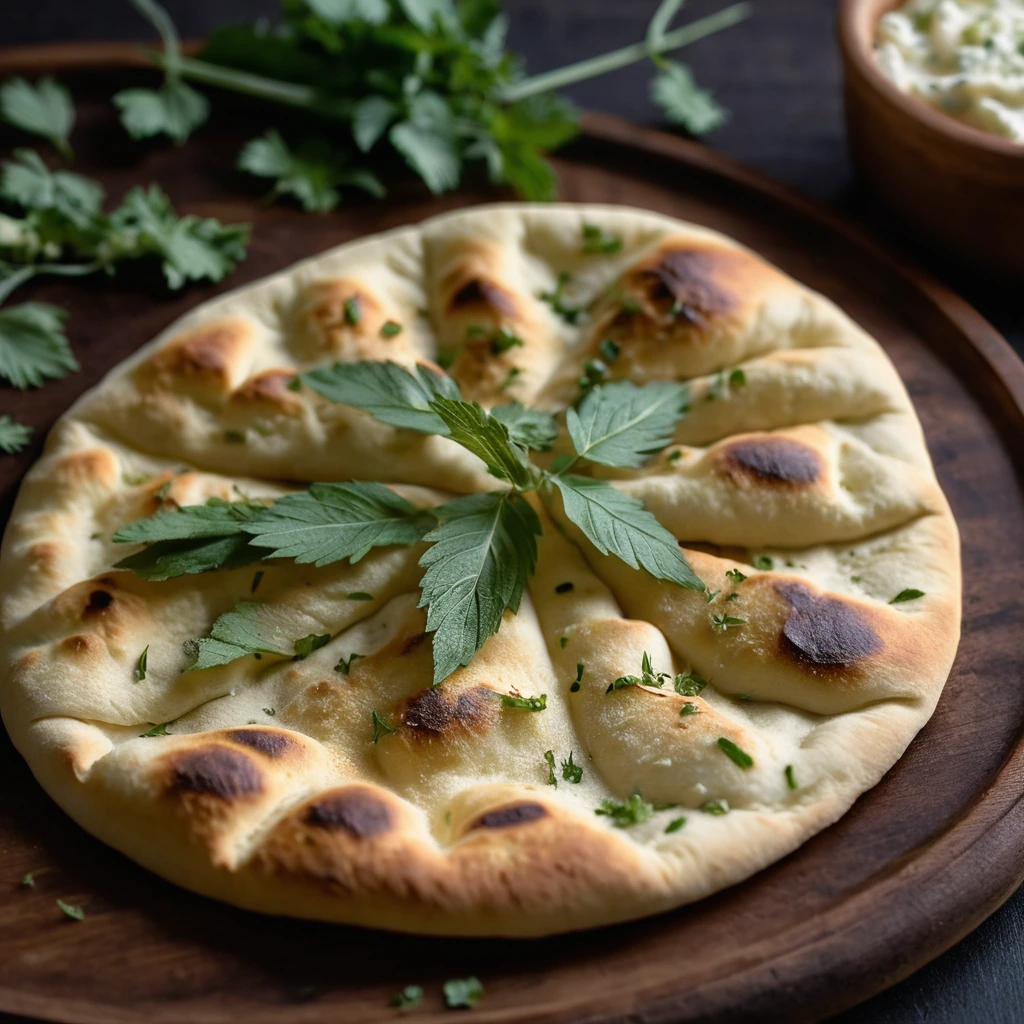 Golden brown naan bread with melted butter and fresh herbs on a rustic wooden board.