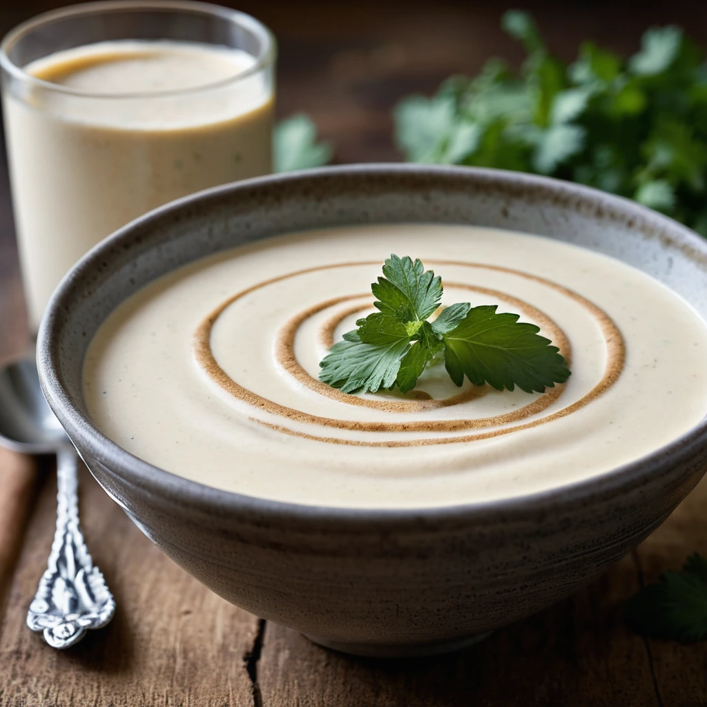 Creamy golden sauce drizzled over a rustic wooden board with a sprinkle of fresh cilantro.
