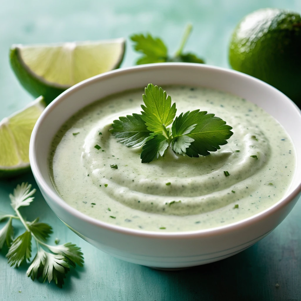A small bowl of vibrant green sauce with flecks of cilantro and a lime wedge on the side.