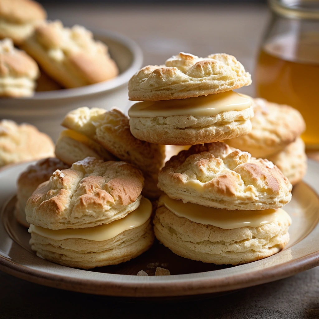 Golden brown biscuits in a rustic bowl, topped with glistening honey butter.