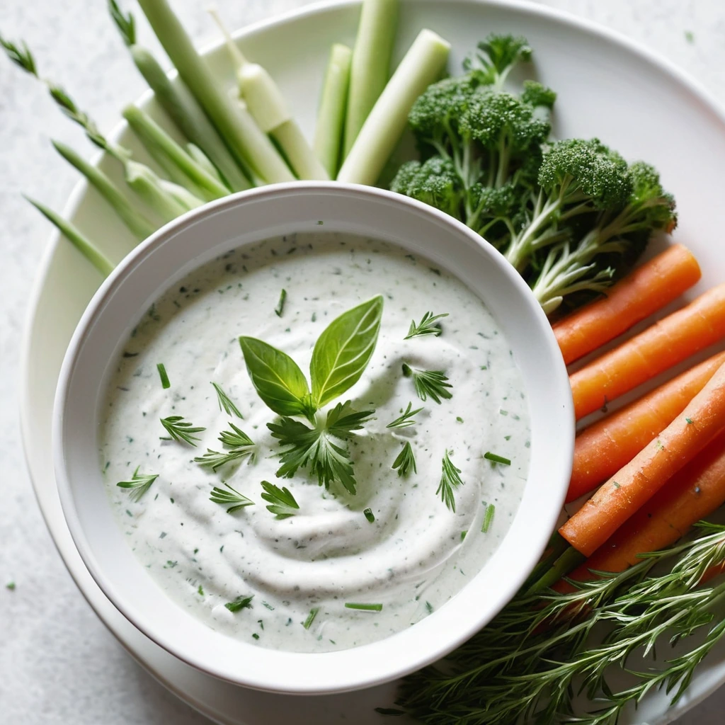 White dip in a shallow bowl, sprinkled with green herbs, served with colorful veggie sticks.