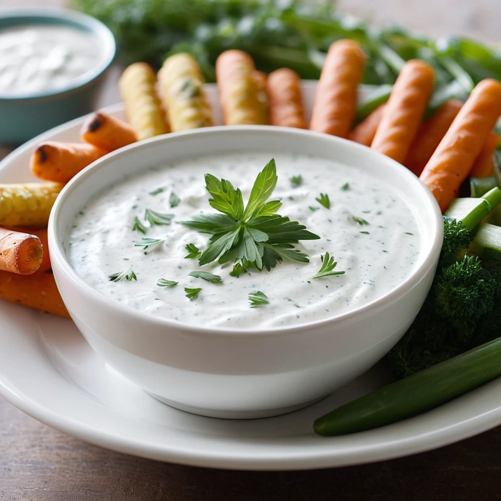Bowl of creamy white dip with green herbs, served with colorful veggie sticks.