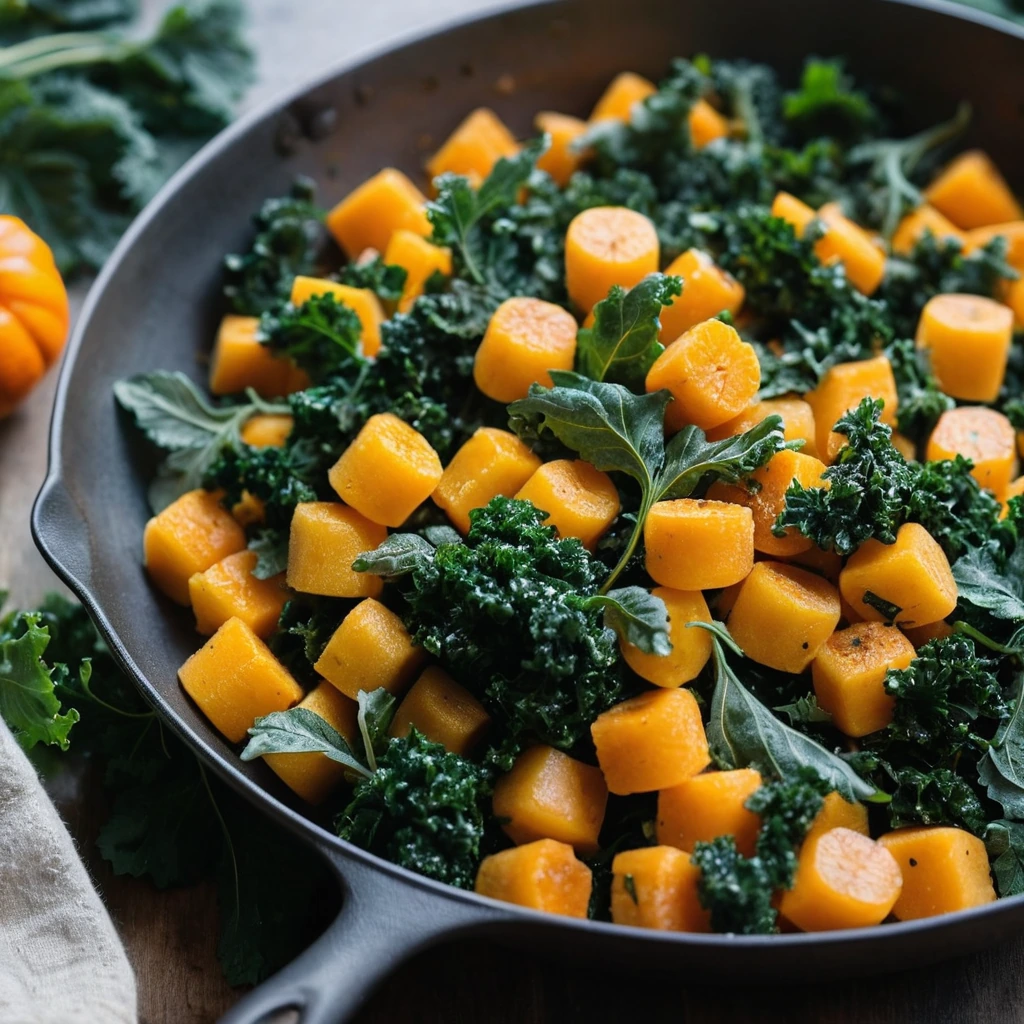 Golden gnocchi nestled among vibrant green kale and orange butternut squash in a skillet.