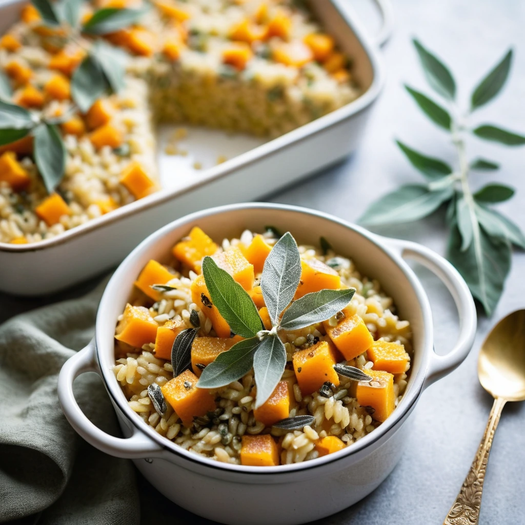 Golden baked risotto in a casserole dish, topped with toasted butternut squash cubes and fresh sage leaves.