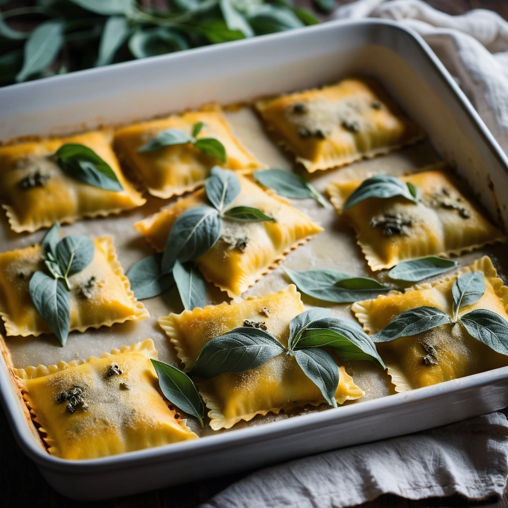 golden brown ravioli bake with melted cheese topping, sage leaves scattered on top, served in a rustic oven-to-table dish