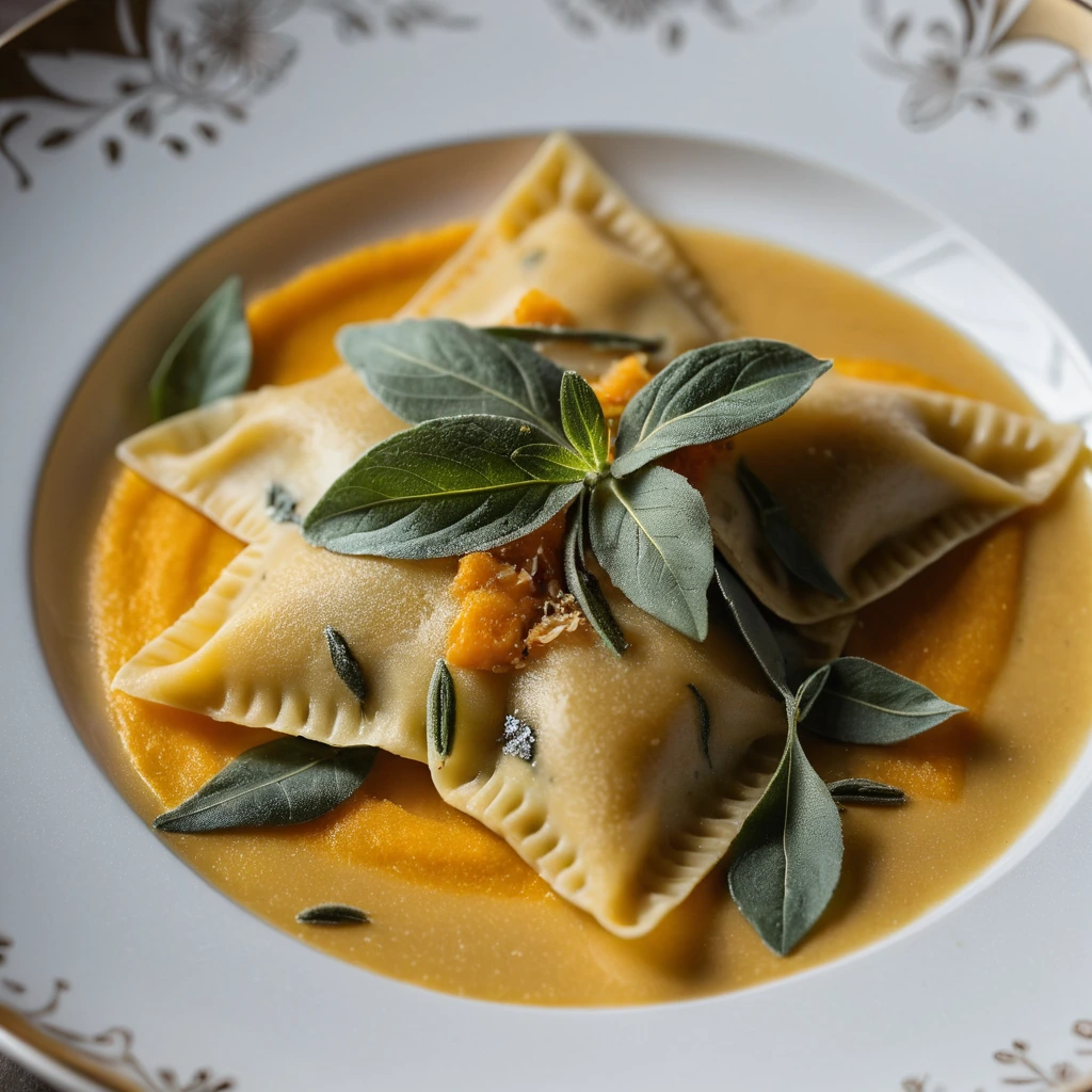 Plump ravioli in a golden pool of sauce, garnished with crispy sage leaves and grated Parmesan.