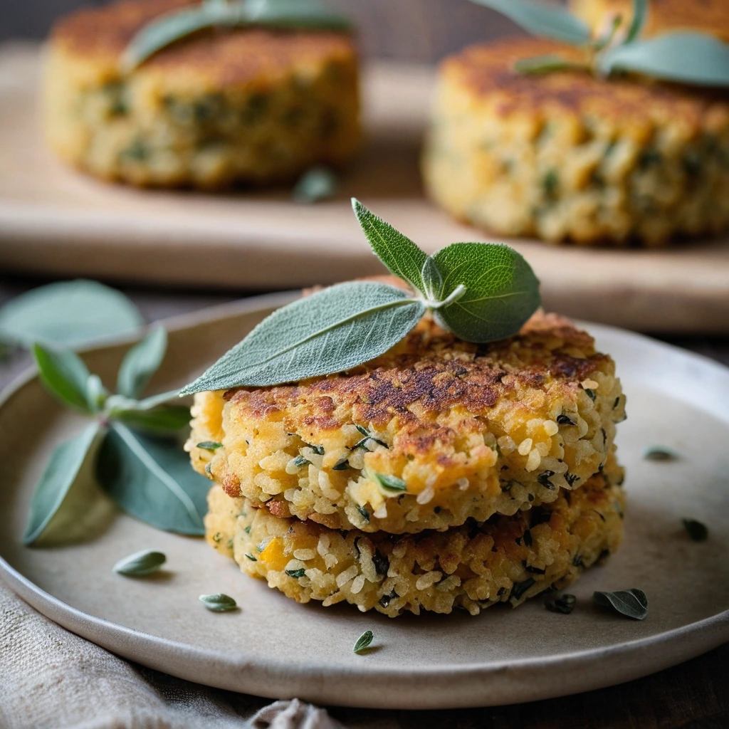 Crispy golden risotto cakes with flecks of sage served on a rustic wooden board.