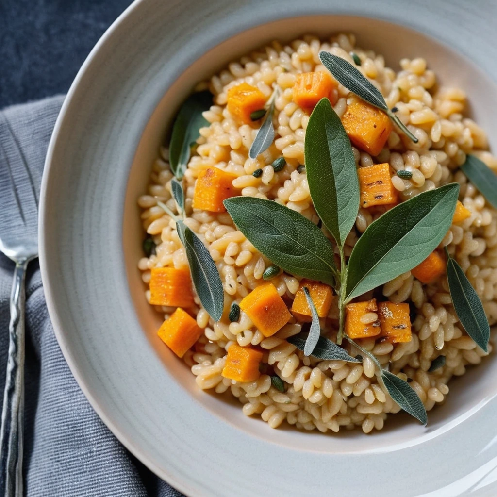 Creamy golden risotto in a shallow bowl, topped with roasted butternut squash cubes and sage leaves.