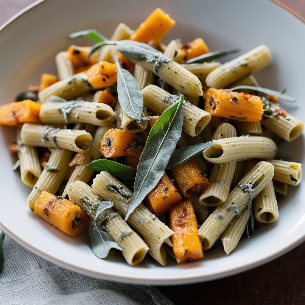 Penne pasta in a creamy sauce with roasted butternut squash cubes, crispy pancetta, and fresh sage leaves.
