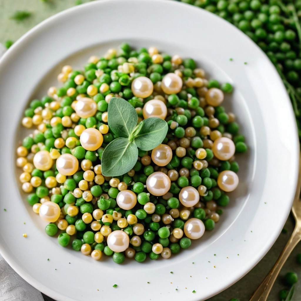Golden pearl couscous in a green mound with vibrant peas and fresh herbs on a white plate.