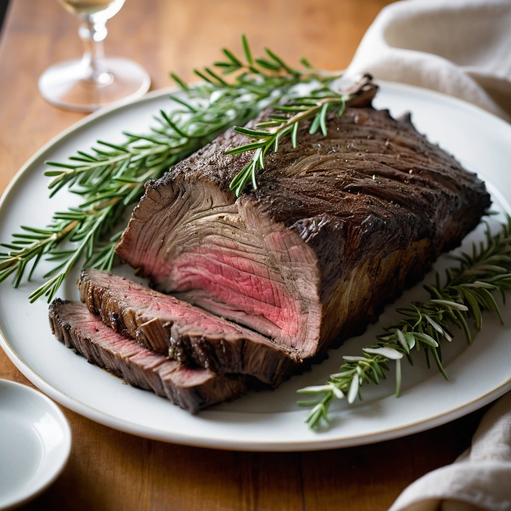 Golden-brown rib roast on a platter, surrounded by sprigs of fresh rosemary and thyme.