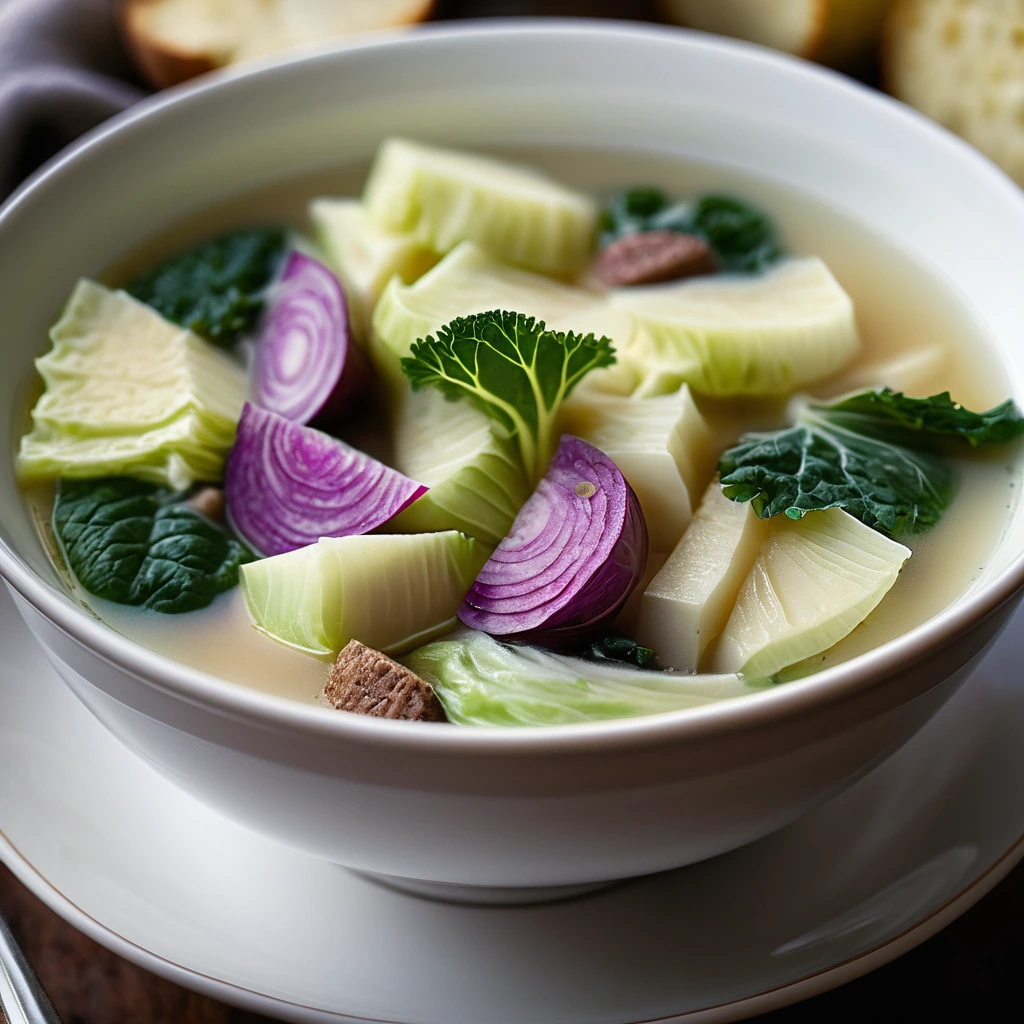 steaming bowl of golden soup with green cabbage and chunks of potato and sausage