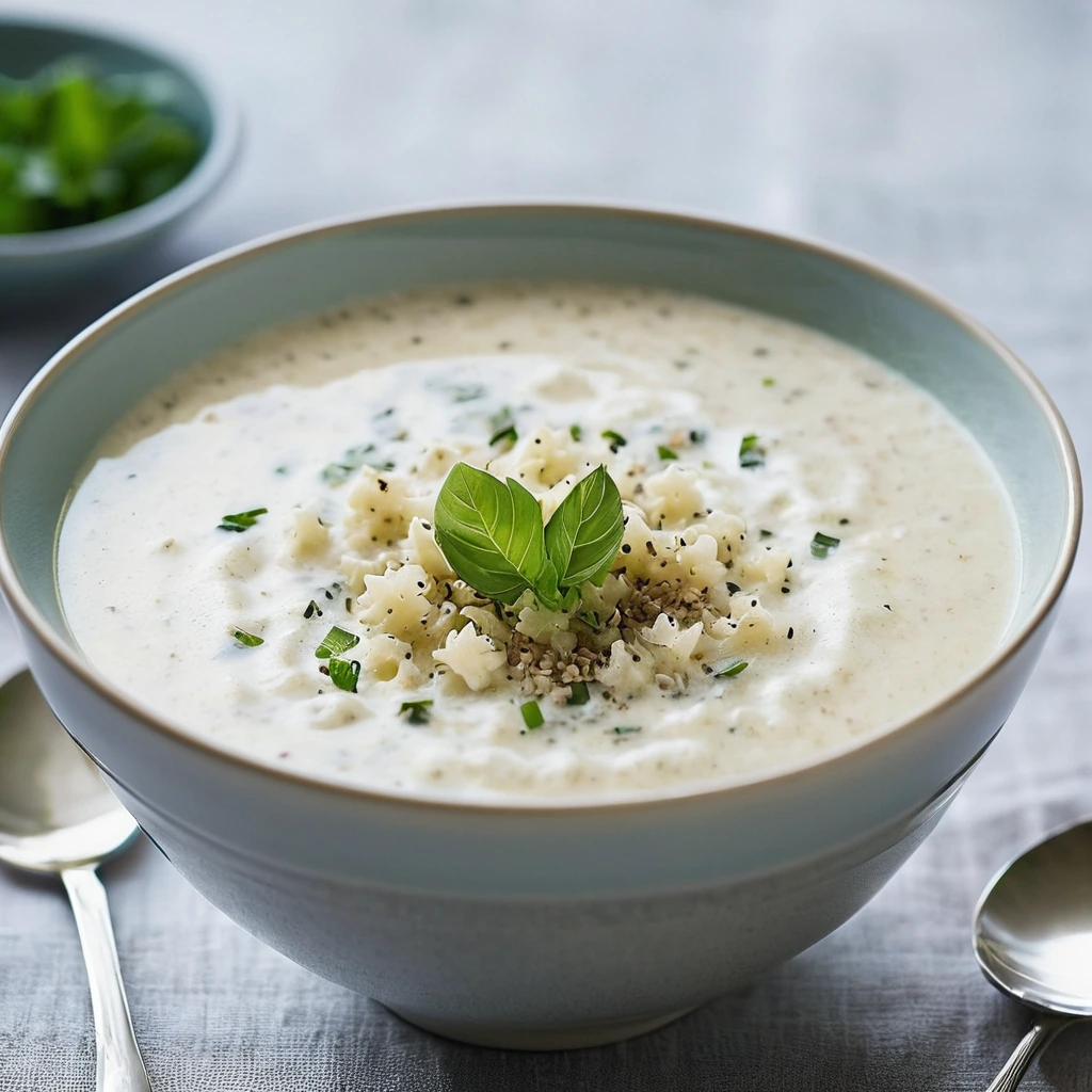 Bowl of creamy white soup with a sprinkle of black pepper and grated Parmesan on top