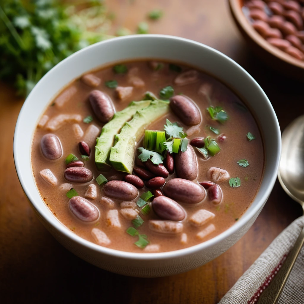 Steaming bowl of red beans and sausage in a rich, golden broth garnished with green scallions.