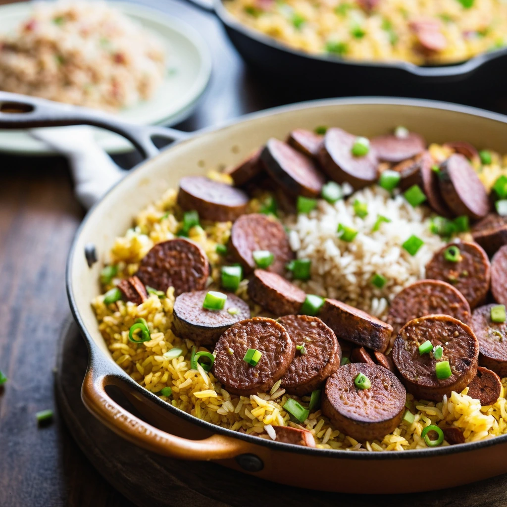 A golden skillet with a mound of fragrant yellow rice topped with slices of smoky andouille sausage, flecked with green scallions.