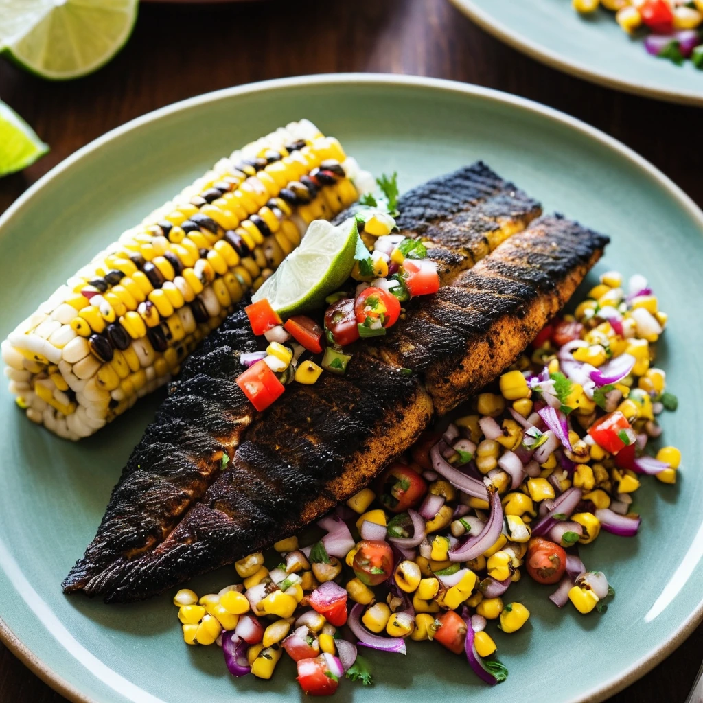 Blackened catfish fillets on a plate with vibrant yellow and red corn salsa garnish.