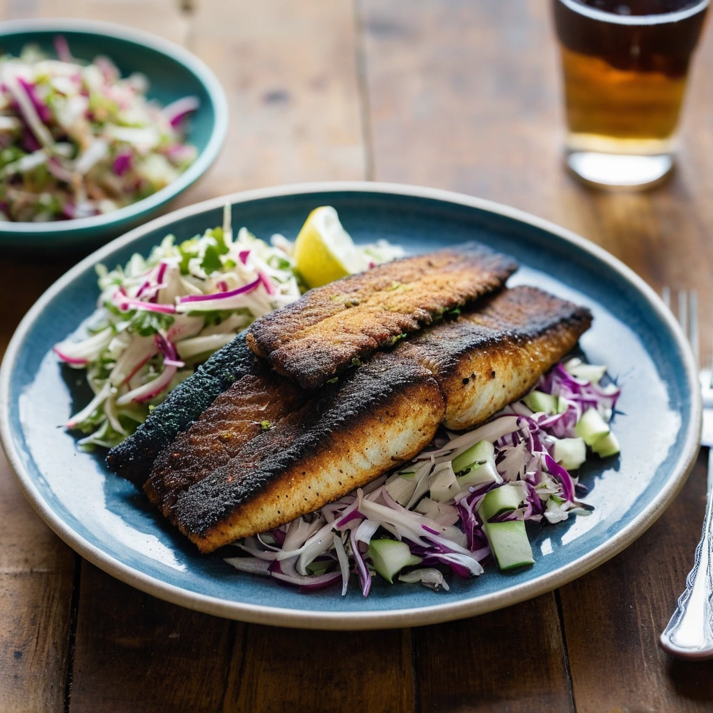 Blackened catfish fillet on a bed of colorful winter slaw in a rustic plate.