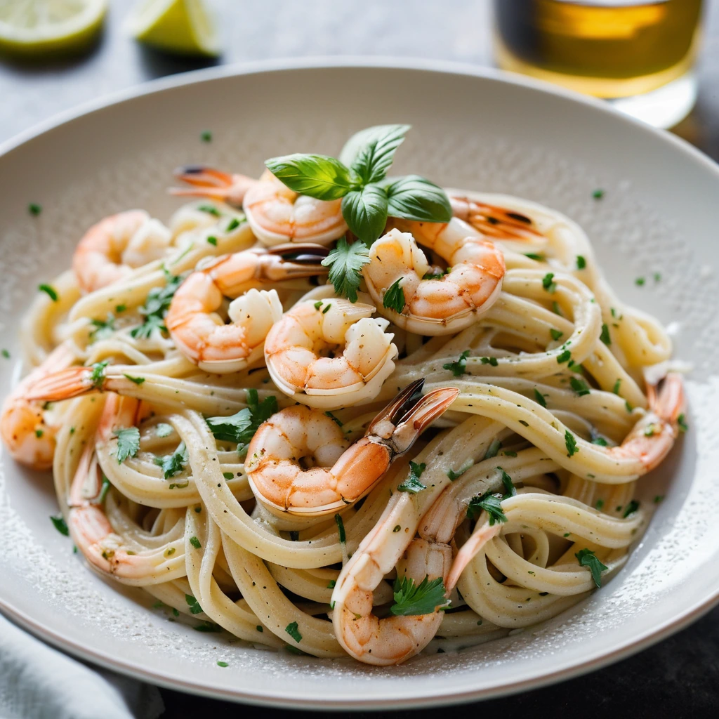 Plate of pasta topped with creamy alfredo sauce, blackened shrimp, and a sprinkle of parsley.