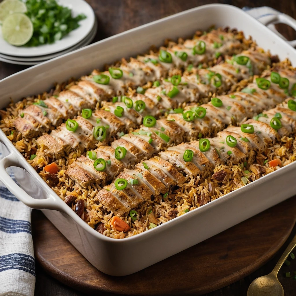 Golden-brown casserole in a baking dish, topped with melted cheese and green onions, served in a rustic kitchen setting.