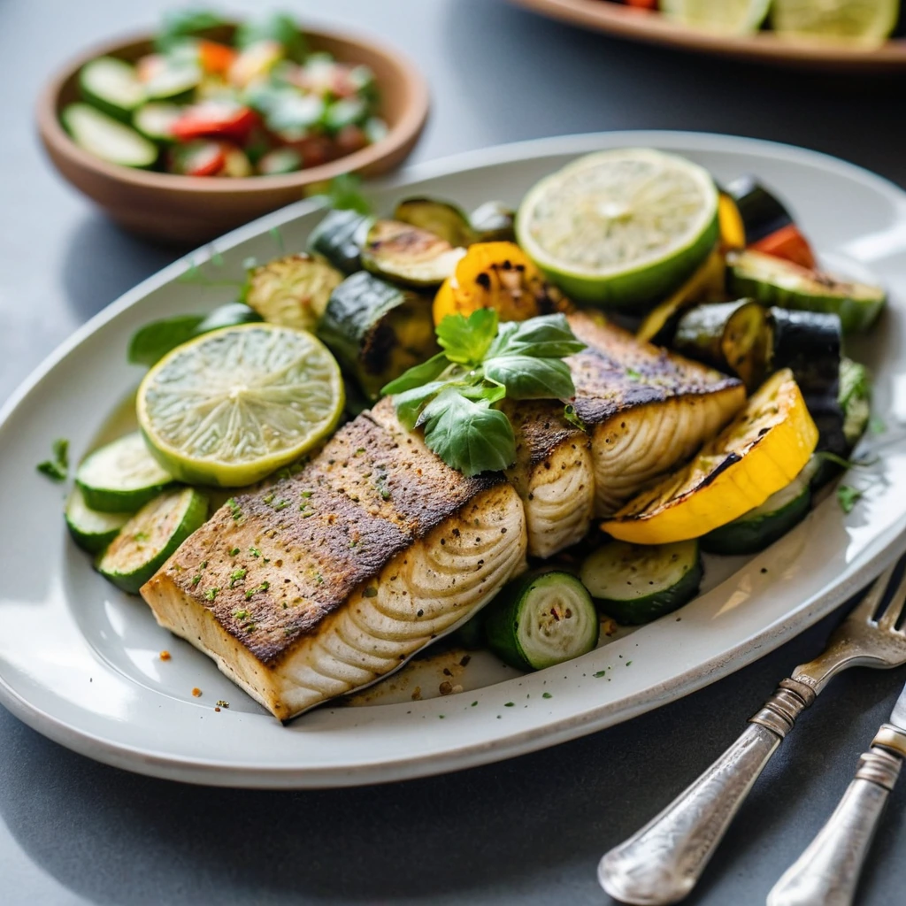 Golden mahi mahi fillets with roasted bell peppers and zucchini on a sheet pan, dusted with Cajun seasoning.